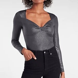 Express Gray Silver Body Contour Metallic Twist Front Long Sleeve Bodysuit
